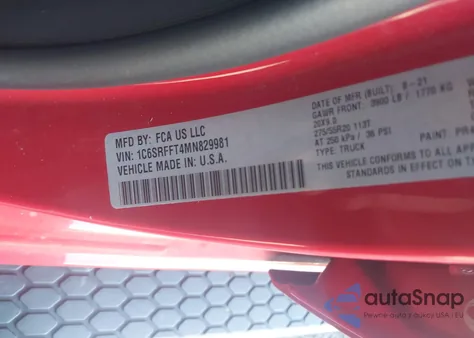 2021 Ram 1500 Big Horn 4X4 5'7 Box из США, поврежденный, VIN 1C6SRFFT4MN829981